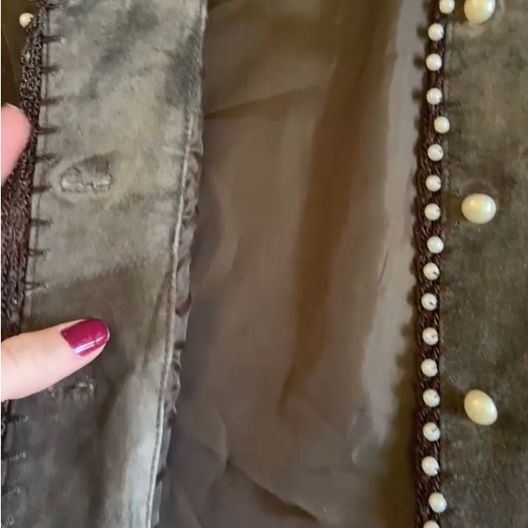 100% SUEDE SOPHIE CHANG Faux Pearl embellished lightweight jacket darkOlive Med - Picture 7 of 15